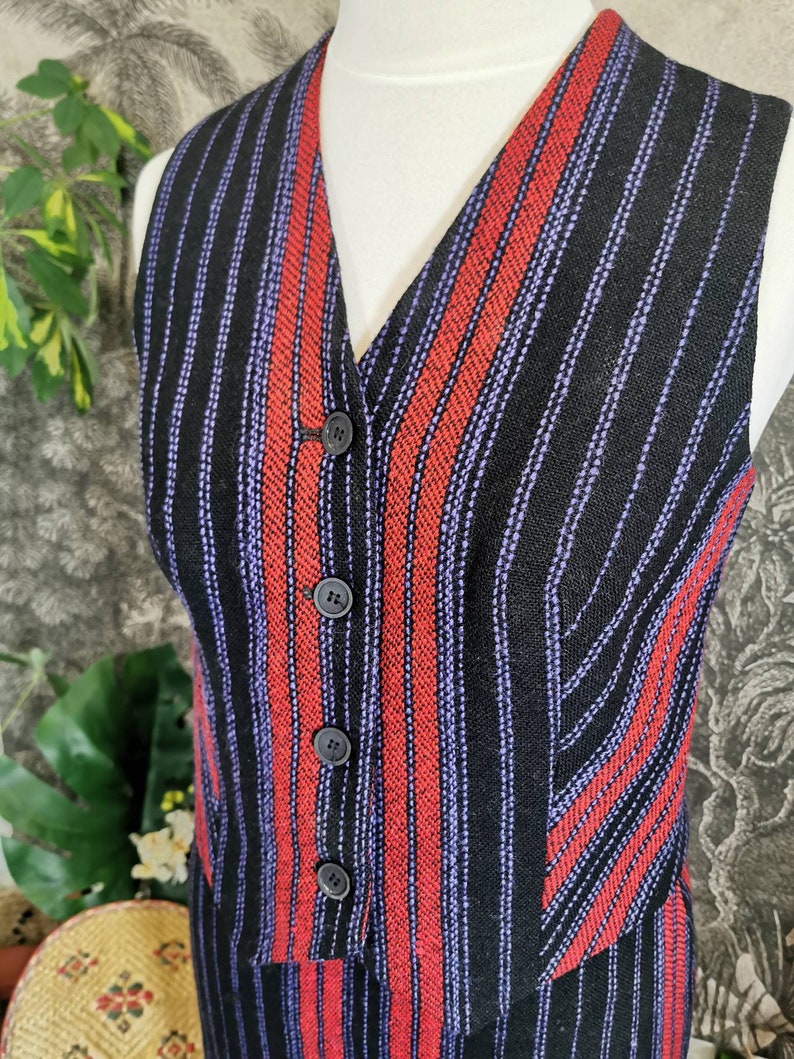 70s vintage Welsh wool Co-ord 2 piece set,red and purple,vintage check suit, waistcoat and pencil skirt, striped, coordinates,60s twin set image 6