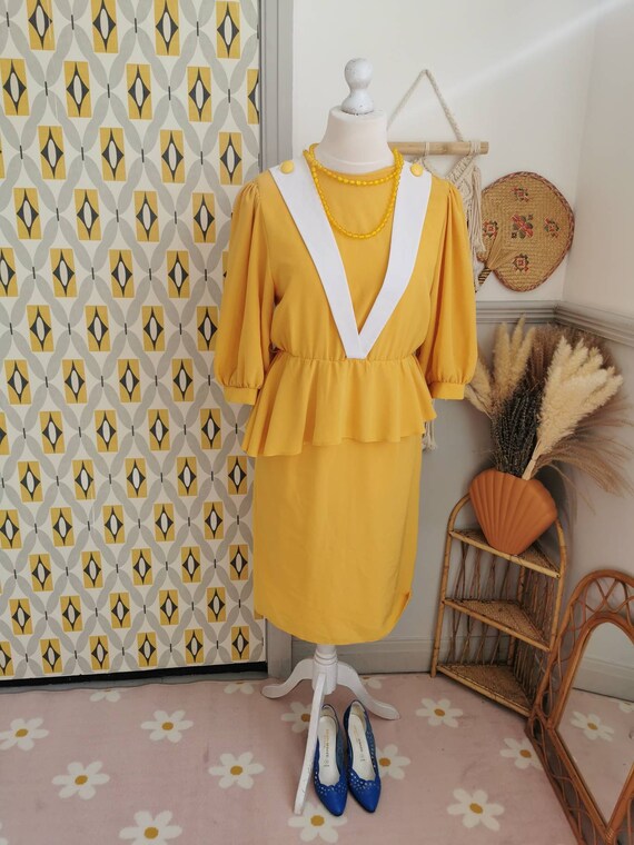 Vintage 80s yellow and white peplum dress, bright… - image 2