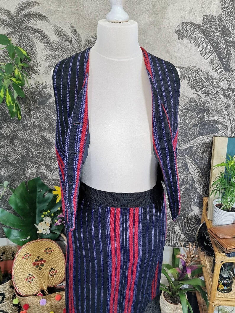 70s vintage Welsh wool Co-ord 2 piece set,red and purple,vintage check suit, waistcoat and pencil skirt, striped, coordinates,60s twin set image 7