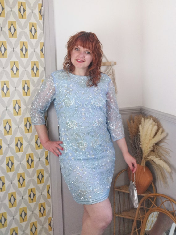 Vintage 60s blue beaded sequin party dress, Chris… - image 8