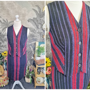 70s vintage Welsh wool Co-ord 2 piece set,red and purple,vintage check suit, waistcoat and pencil skirt, striped, coordinates,60s twin set image 1