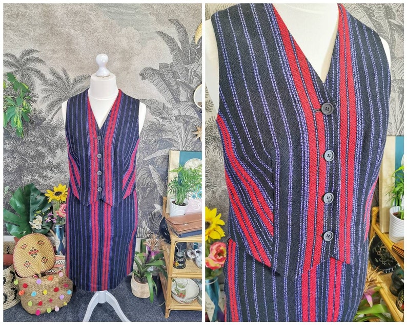 70s vintage Welsh wool Co-ord 2 piece set,red and purple,vintage check suit, waistcoat and pencil skirt, striped, coordinates,60s twin set image 1