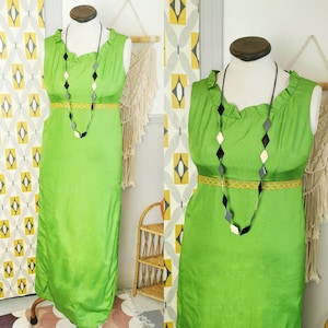 Vintage 60s 70s bright green maxi dress, taffeta gown, ruffle neckline,gold lace, 60s mod, wedding guest, red carpet, elegant evening,