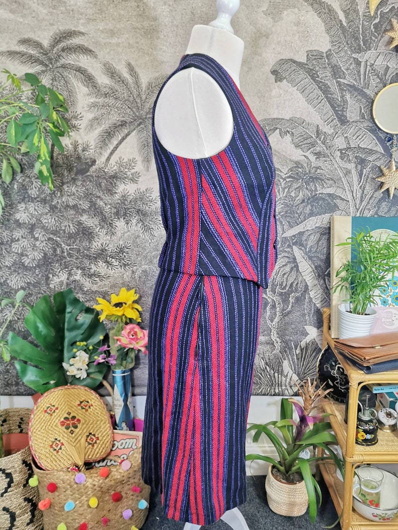 70s vintage Welsh wool Co-ord 2 piece set,red and purple,vintage check suit, waistcoat and pencil skirt, striped, coordinates,60s twin set image 3