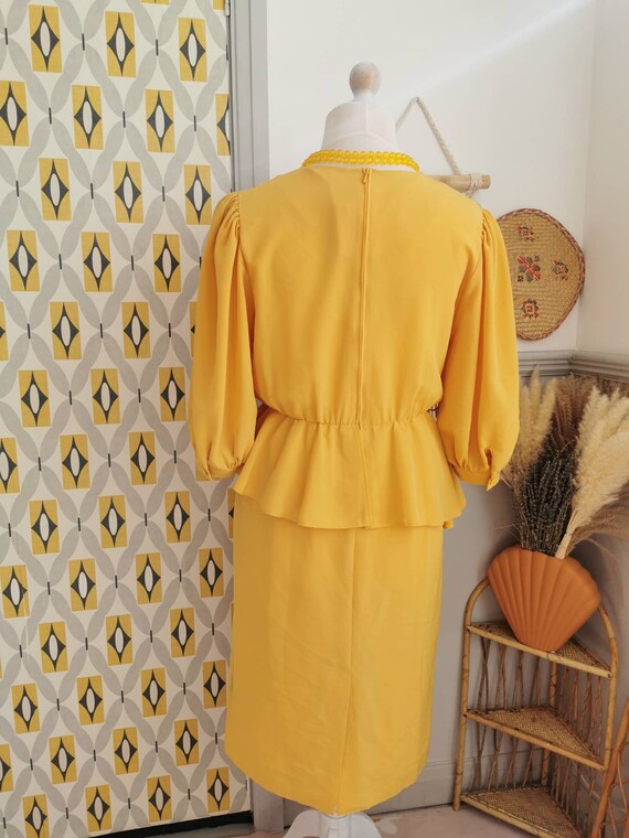 Vintage 80s yellow and white peplum dress, bright… - image 6