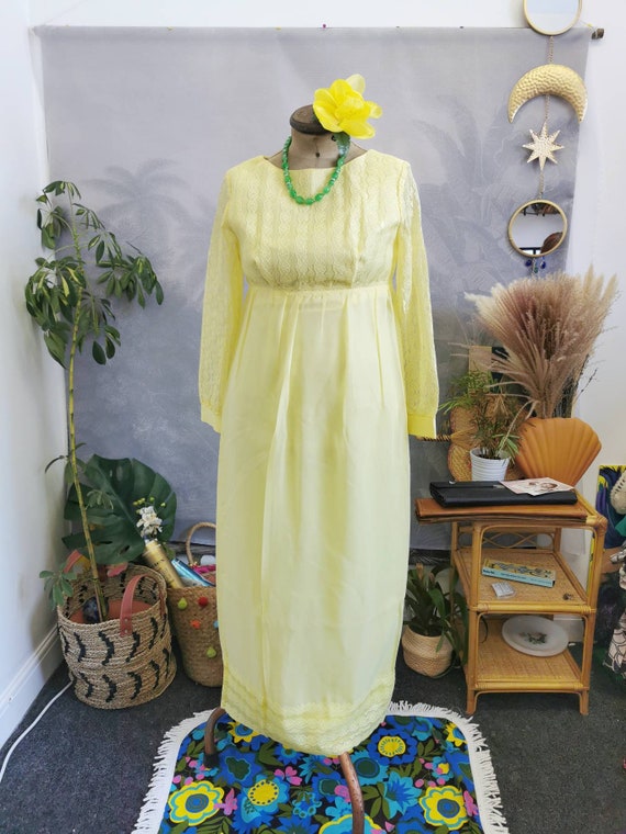 60s vintage maxi dress, pastel yellow, 70s Prairi… - image 2