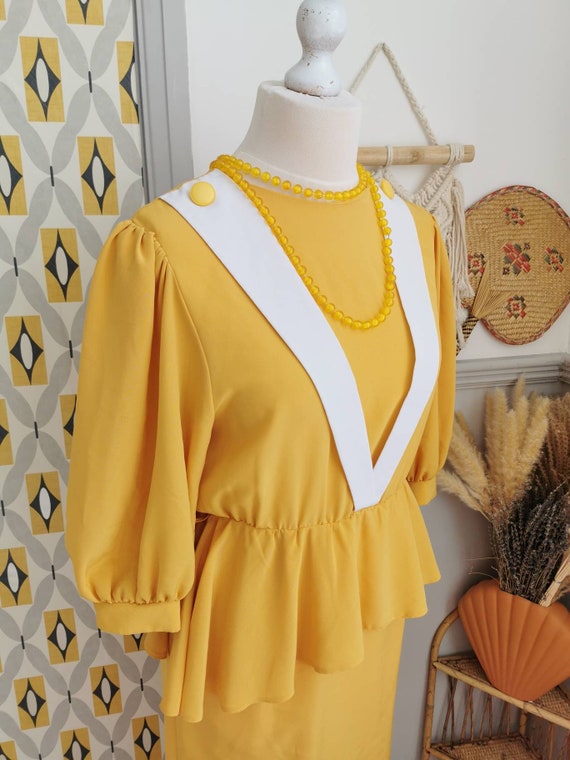 Vintage 80s yellow and white peplum dress, bright… - image 4
