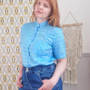 Vintage grandad collar 60s mod shirt, Italian vintage, blue with lurex sparkle stripes, cotton, spring summer, smart, masc, aqua