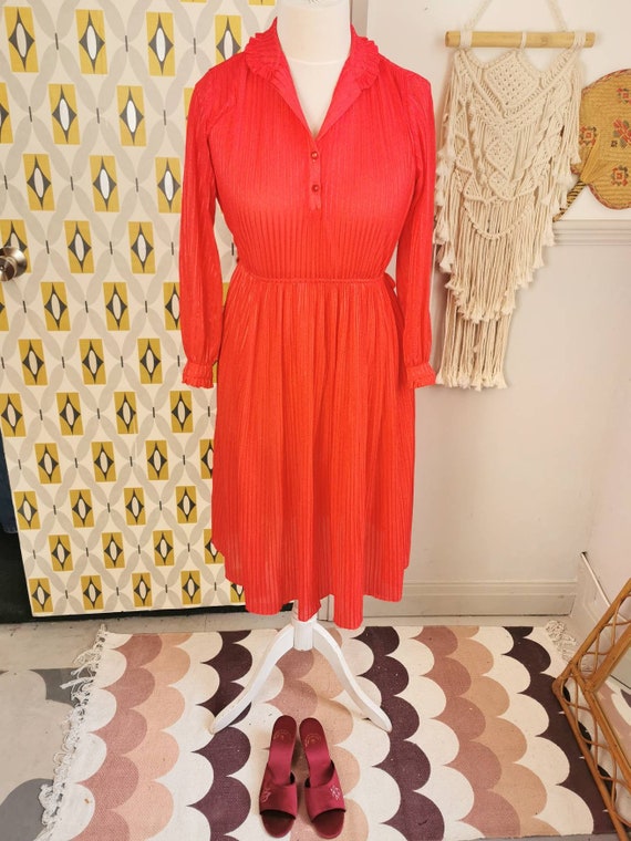 Vintage 70s pinstripe dress,bright red striped dr… - image 2