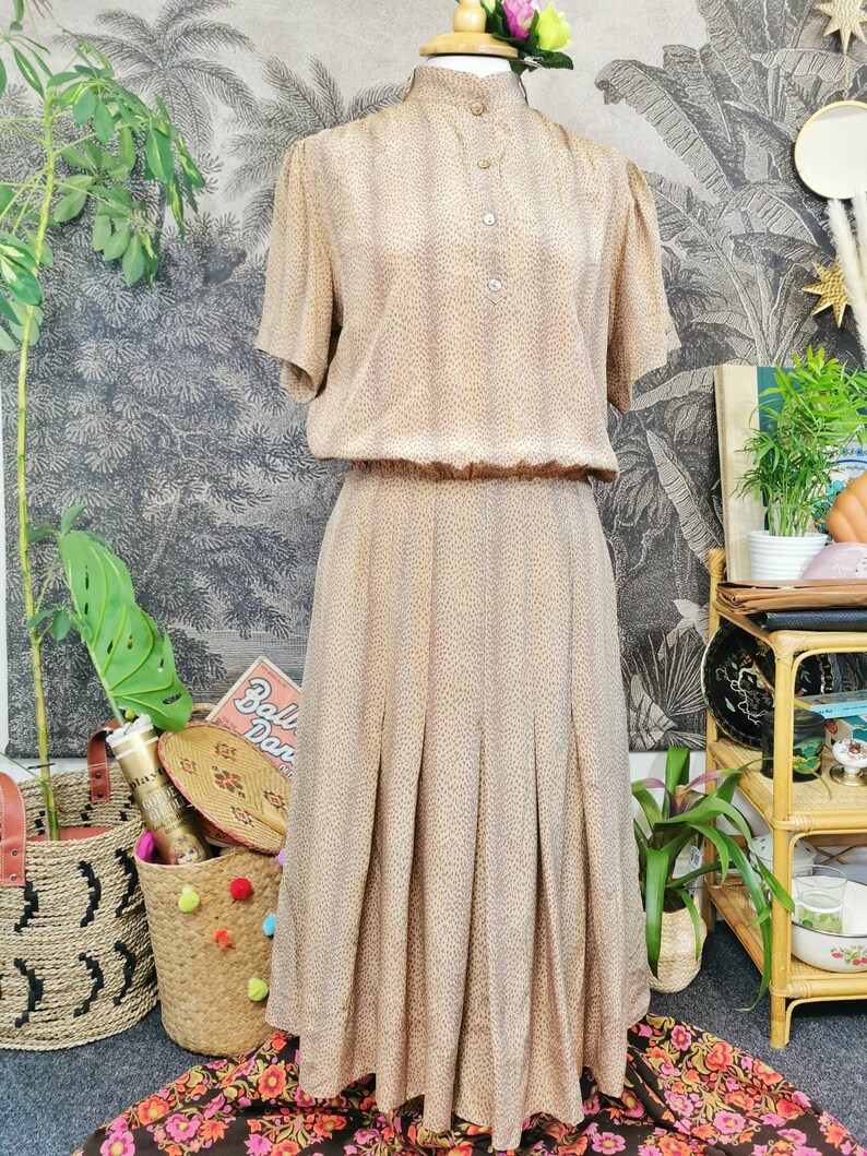 Op de afbeelding: Een vintage jurk in bruin en beige met een hoge kraag en een knoopsluiting aan de voorkant. De jurk heeft een getailleerd bovenstuk en een zwierige rok met plooien. De jurk is gemaakt van een lichtgewicht stof met een subtiel patroon.