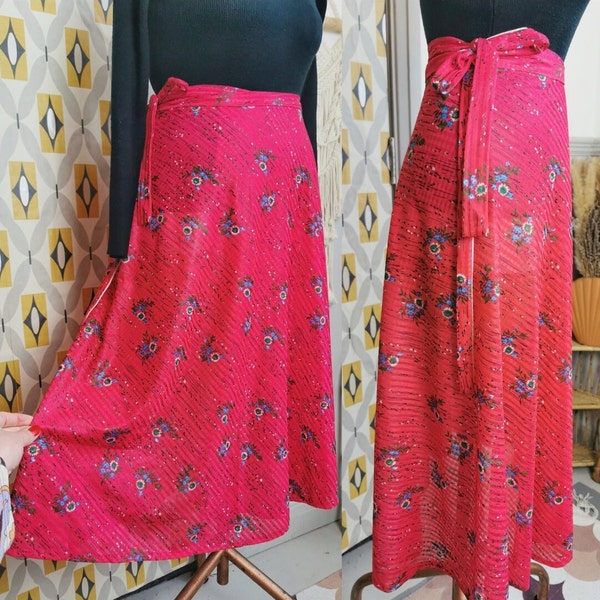 Vintage 70s floral wrap skirt, bow tie, bright red pink, lightweight skirt, semi sheer, a line midi skirt, wedding guest outfit