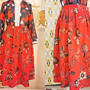 Vintage 80s Red maxi skirt, folky floral skirt, jacobean pattern, vintage Boho skirt, festival outfit, summer holiday, elasticated waist,