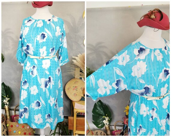 Vintage Aqua Blue Floral Satin Dress, Drop Waist, Elasticated Waist, Belted Dress, 70s Midi Dress, Batwing Dress, 80s Dress, German, Sheer Vintage Aqua Blue Floral Satin Dress, Drop Waist, Elasticated Waist, Belted Dress, 70s Midi Dress, Batwing Dress, 80s Dress, German, Sheer