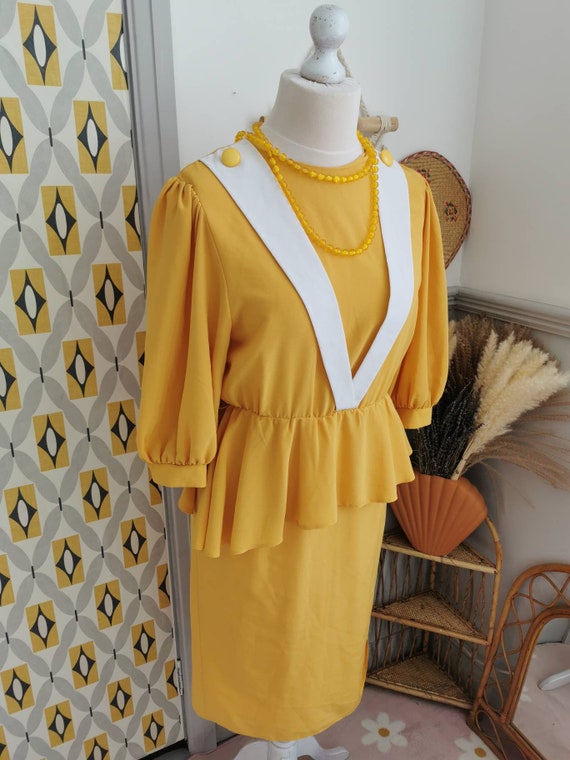 Vintage 80s yellow and white peplum dress, bright… - image 7