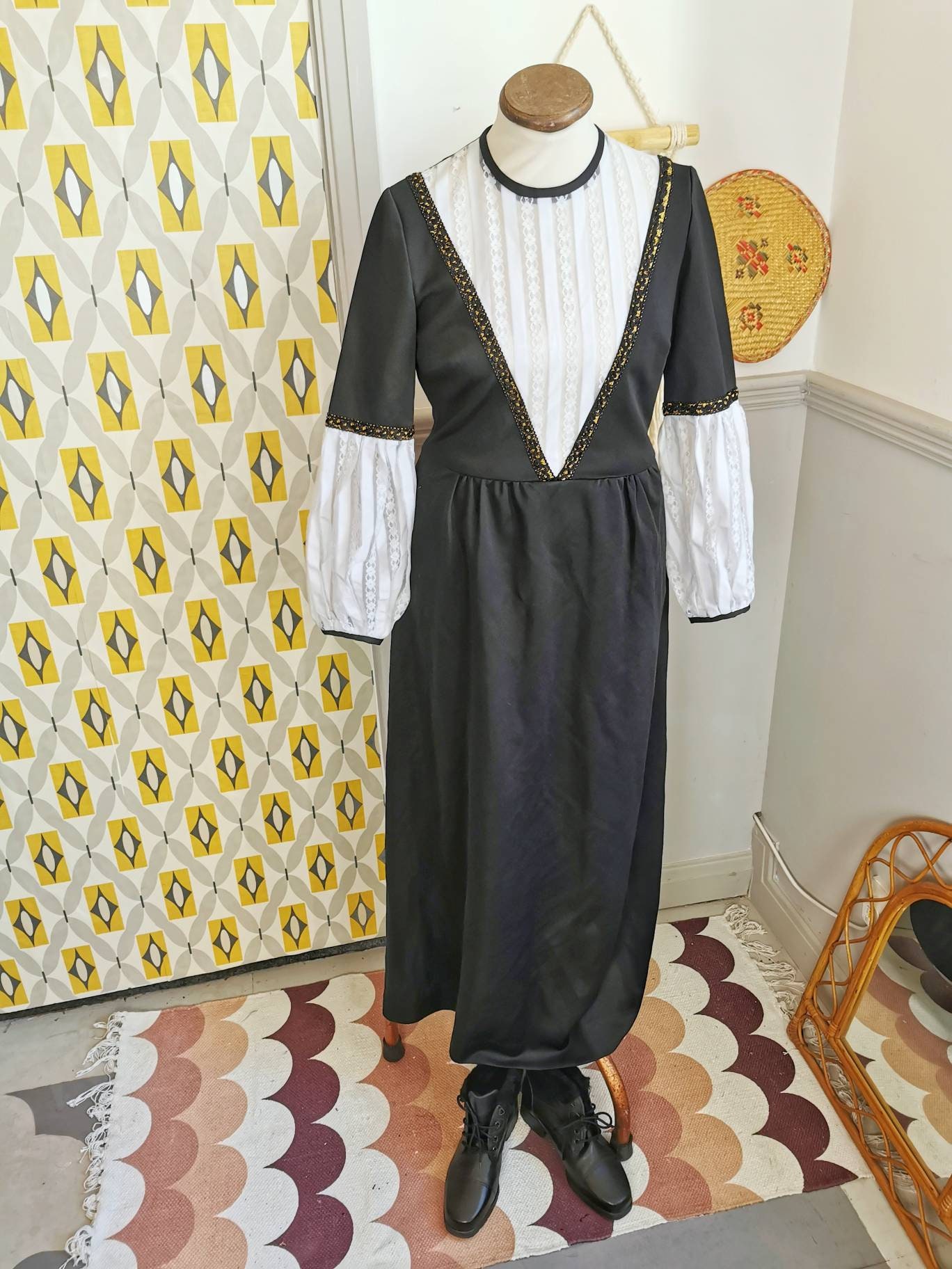 Vintage 70s Maxi Dress With Lace Panel, Monochrome Black and