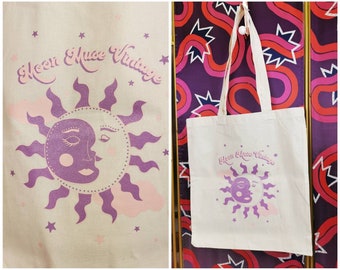 Bolso de mano estilo retro de los años 70, con diseño de sol y luna, ecológico, celestial, regalo de cumpleaños, estilo vintage, bohemio, serigrafiado, de algodón, rosa y morado.