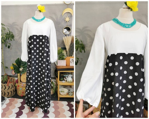 vintage 70s maxi dress,polka dot dress, monochrom… - image 1