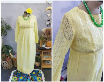 60s vintage maxi dress, pastel yellow, 70s Prairie dress, 60s maxi dress,lace maxi dress, floral maxi dress,daisy, chiffon dress, bridesmaid