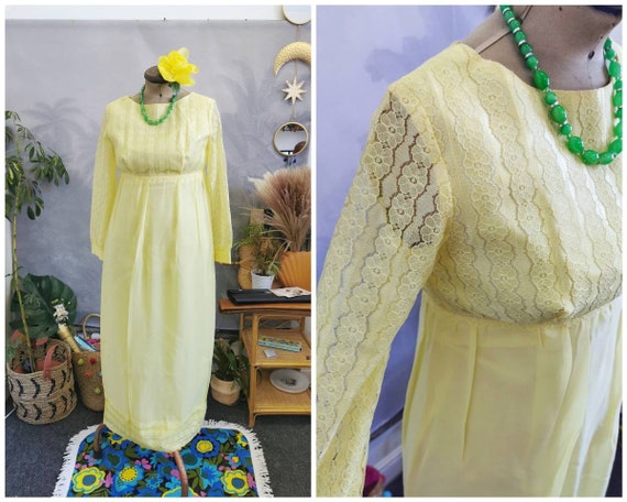 60s vintage maxi dress, pastel yellow, 70s Prairi… - image 1