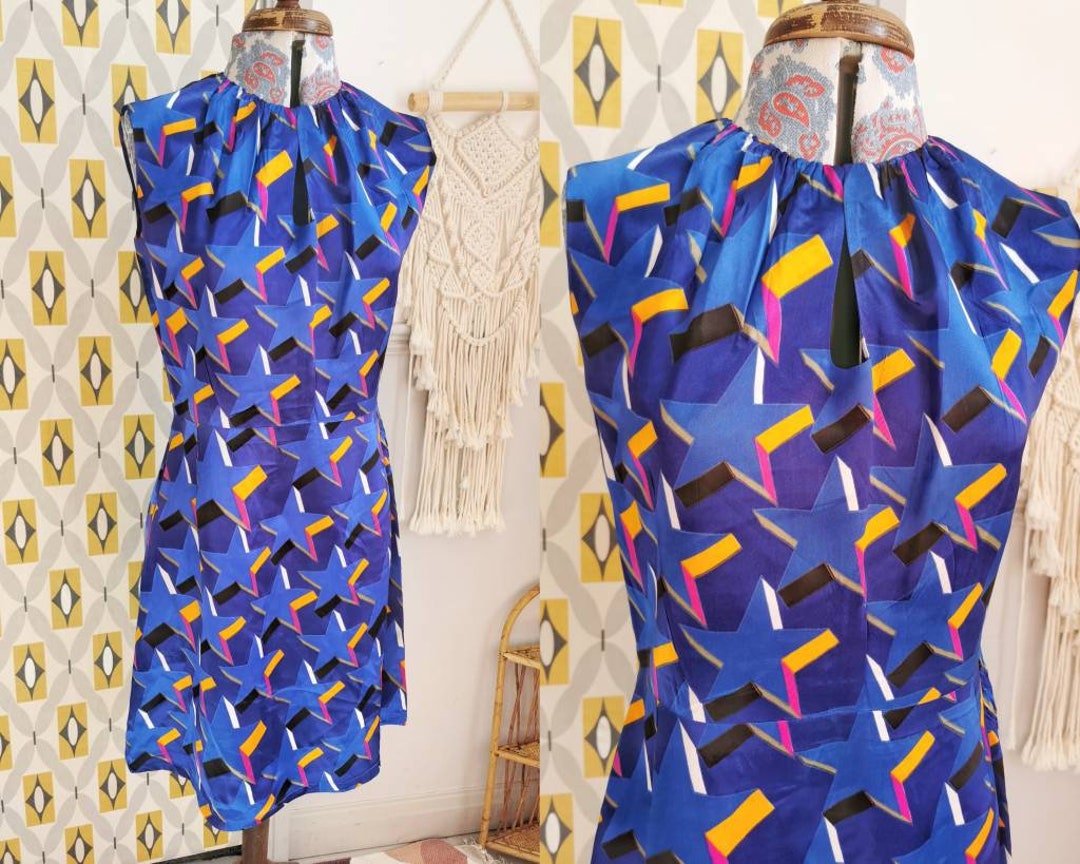 Keyhole Trippy Vintage 70s Mini Dress, Star Print, Satin Mini Dress, 70s Disco ...