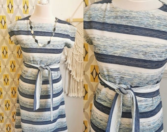 Vintage 70s blue striped dress, belted dress, space dye,