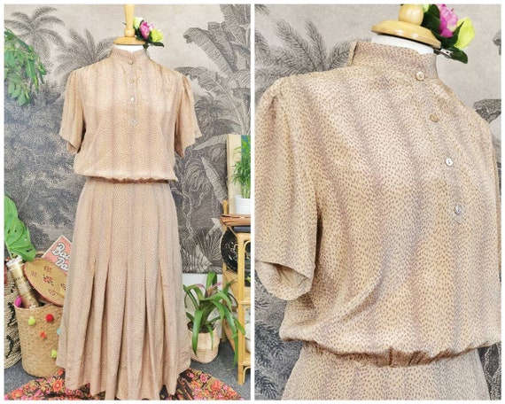Vintage leopard print dress, 70s vintage dress, 70s midi dress, vintage rayon dress, vintage silky dress, vintage drop waist dress,elegant