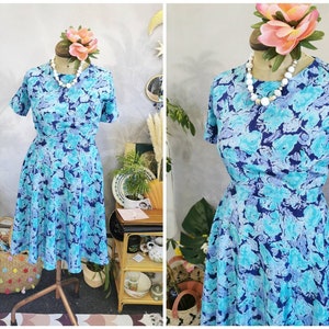 Vintage floral tea dress, vintage blue satin dress, vintage summer dress, 40s style tea dress, vintage floral dress, vintage minidress,