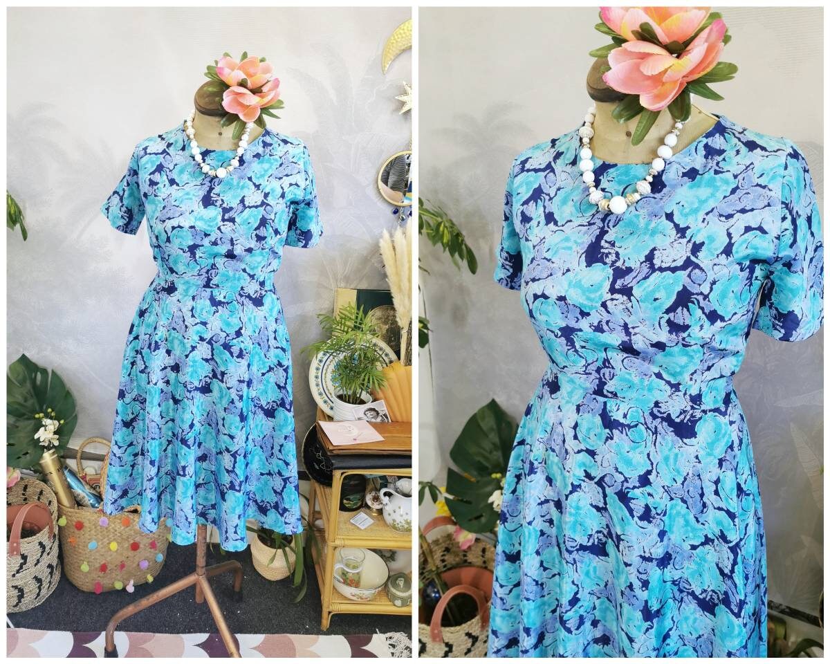 Vintage floral tea dress vintage blue satin dress vintage | Etsy