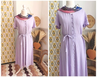 Vintage 90s lilac summer dress, button down belted dress, crepe, lightweight, wedding guest, holiday, pastel colour, elegant