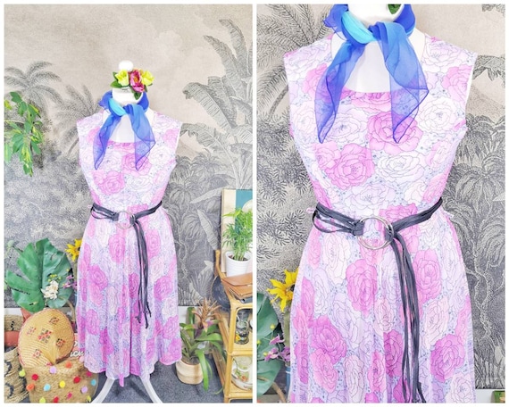 70s vintage pink floral chiffon midi dress,70s mid
