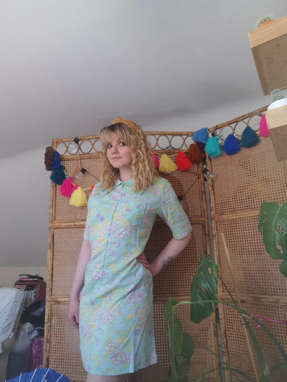 Vintage 70s aqua floral shirt dress with dagger c… - image 6