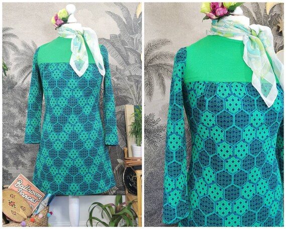 60s Green minidress, vintage 60s minidress, patchw