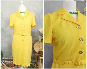 Vintage 80s shirt dress with belt,vintage yellow dress,vintage smart dress,80s power dress, vintage office wear,fitted,pencil skirt, wiggle