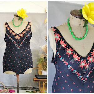 Vintage floral swimsuit, vintage st Michael bathing suit, vintage black swimming costume, one piece, summer,beach, swim wear, 80s,backless