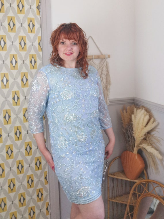 Vintage 60s blue beaded sequin party dress, Chris… - image 3