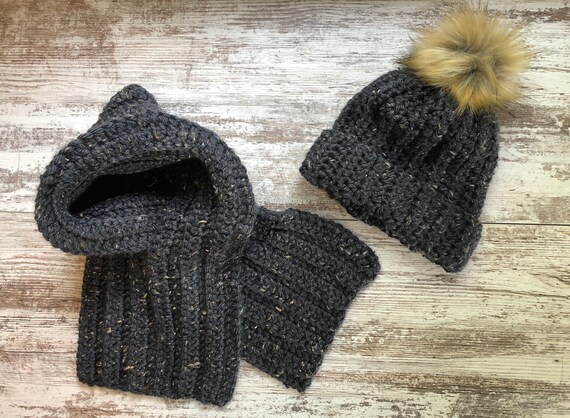 Grey Hat Black Hat Scarf Crocheted Winter Hat Black Hat Scarf Set