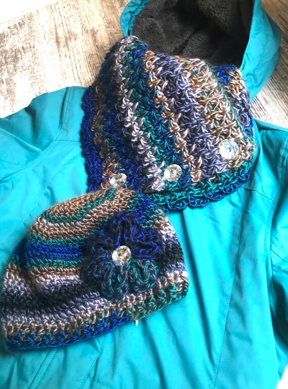 Fall Crocheted Hat Scarf Crocheted Winter Hat Beanie Hat Blue Hat