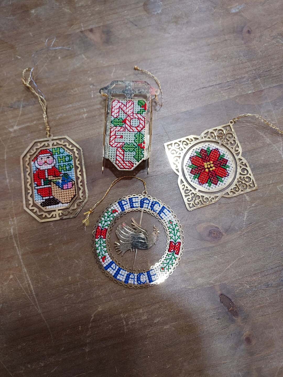Set of 4 Vintage Needlepoint Christmas Ornaments Etsy