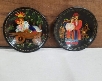 Vintage Russian Painted Miniature Wooden Plates with Young Lovers