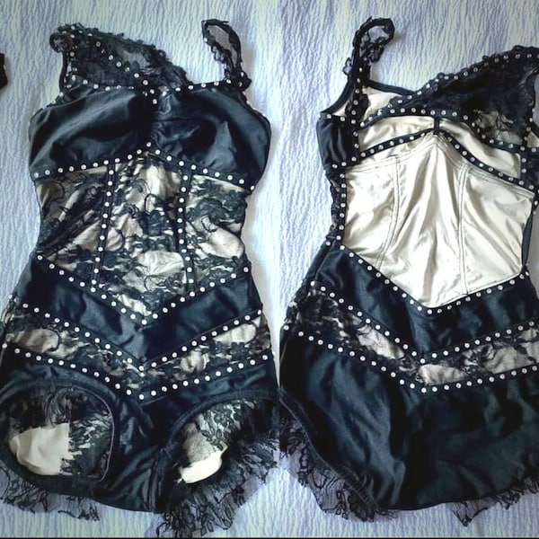 Child Large Black Custom Lace and Rhinestone Unitard