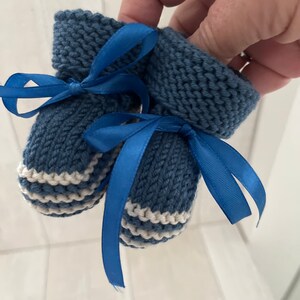 Baby Booties/Crib shoes ~ 0-3 months; Blue/White Stripes;  Keepsake or Baby Shower Gift; Handknitted