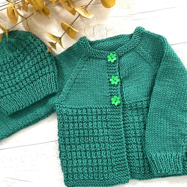 HALF PRICE!! Handknitted Cashmere Blend Babies Cardigan and Hat, Size: 3-6Mths, Grass Green, Baby Shower, Gift, New Arrival