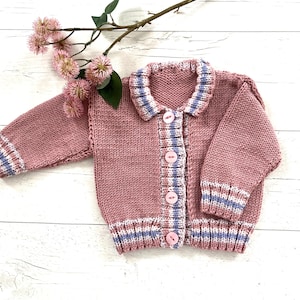Pretty Baby Girls Cardigan with Detailed Borders; Hand-knitted in a Soft, Baby Safe Yarn, Rose Pink, Size: 0-3 mths; Ideal Baby Shower Gift