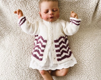 REDUCED!! 50% off; Handknitted, Cashmere/Silk Blend Babies Cardigan Size: 0-3 mths;  White & Cyclamen; New Baby, Baby Shower