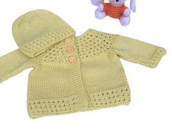 Handknitted, Cashmere/Silk Blend Babies Cardigan & Hat, Fit: 0-3 mths Baby or 18-22" Reborn Doll, Gooseberry; New Baby, Baby Doll Clothes