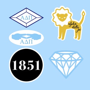 May include: A set of five stickers featuring a diamond, a lion, a circle with the number 1851, and two versions of the letters "ADP" in a diamond shape and a circle with hands forming a triangle.