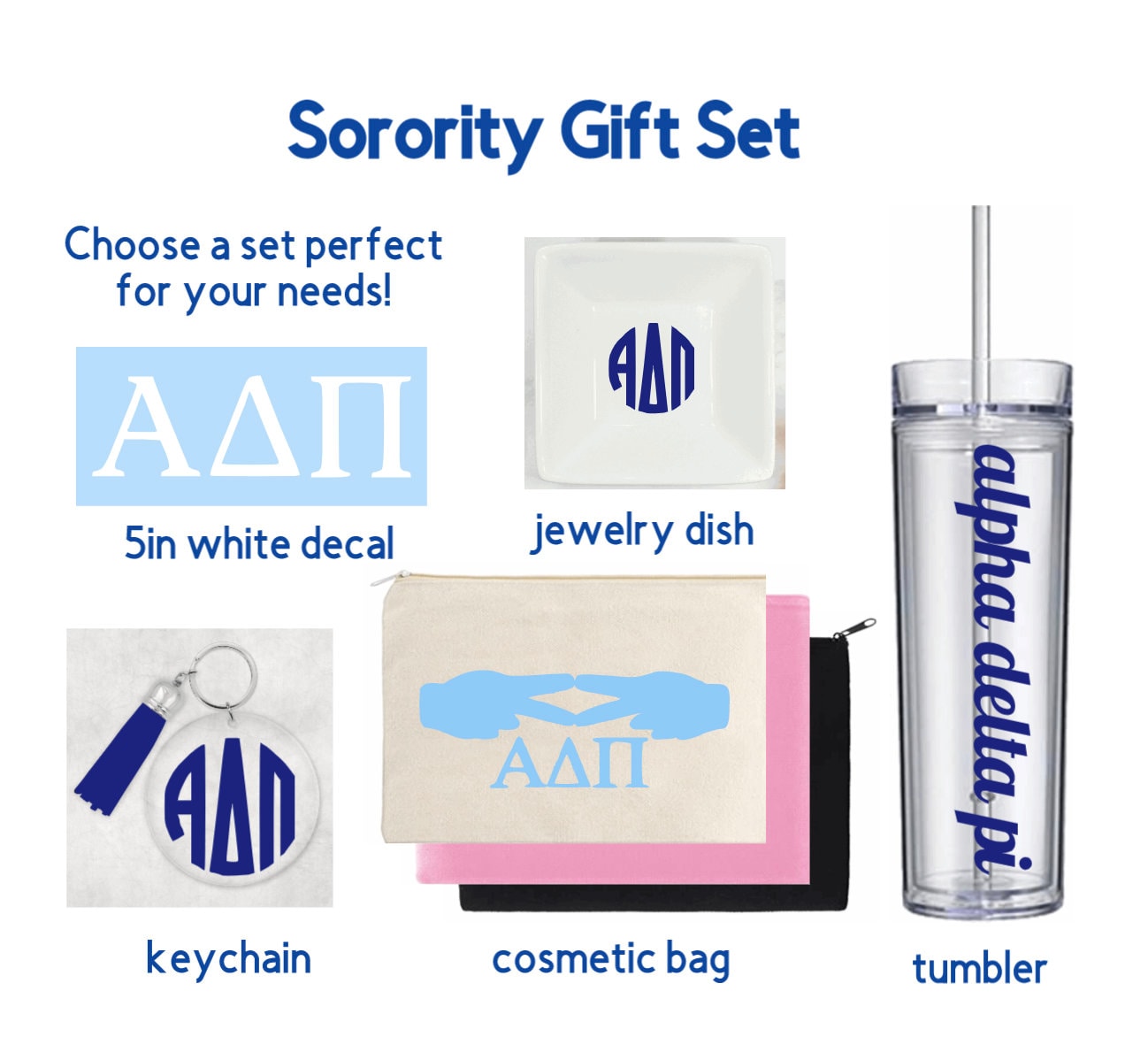 Sorority Gift Bundle - Alpha Delta Pi - ADPi - Decal - Bag - Cup - Decal - Keychain - Alpha Delta Pi Big Little Gift