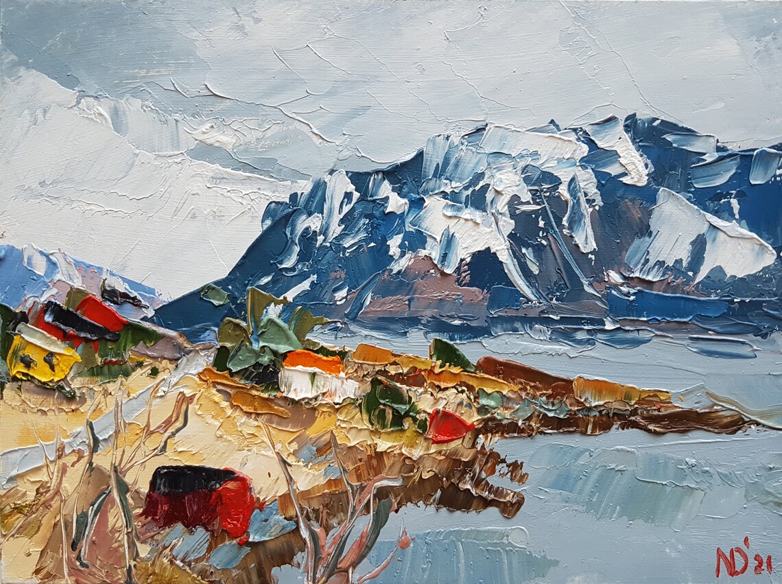 Norway Mountain Painting Original Norwegian Chalet Oil Wall Etsy