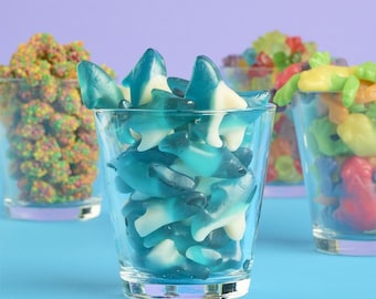 Caramelos de goma de tiburón azul (1 libra). Dulces para fiestas con temática oceánica. Gomitas de tiburón al por mayor para cumpleaños, bodas, baby showers y bufés de dulces.
