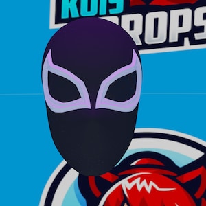 May include: A black mask with a white and purple eye design. The mask is set against a blue background with the text "KOIS PROPS" in white and red. A red and white logo is visible at the bottom.